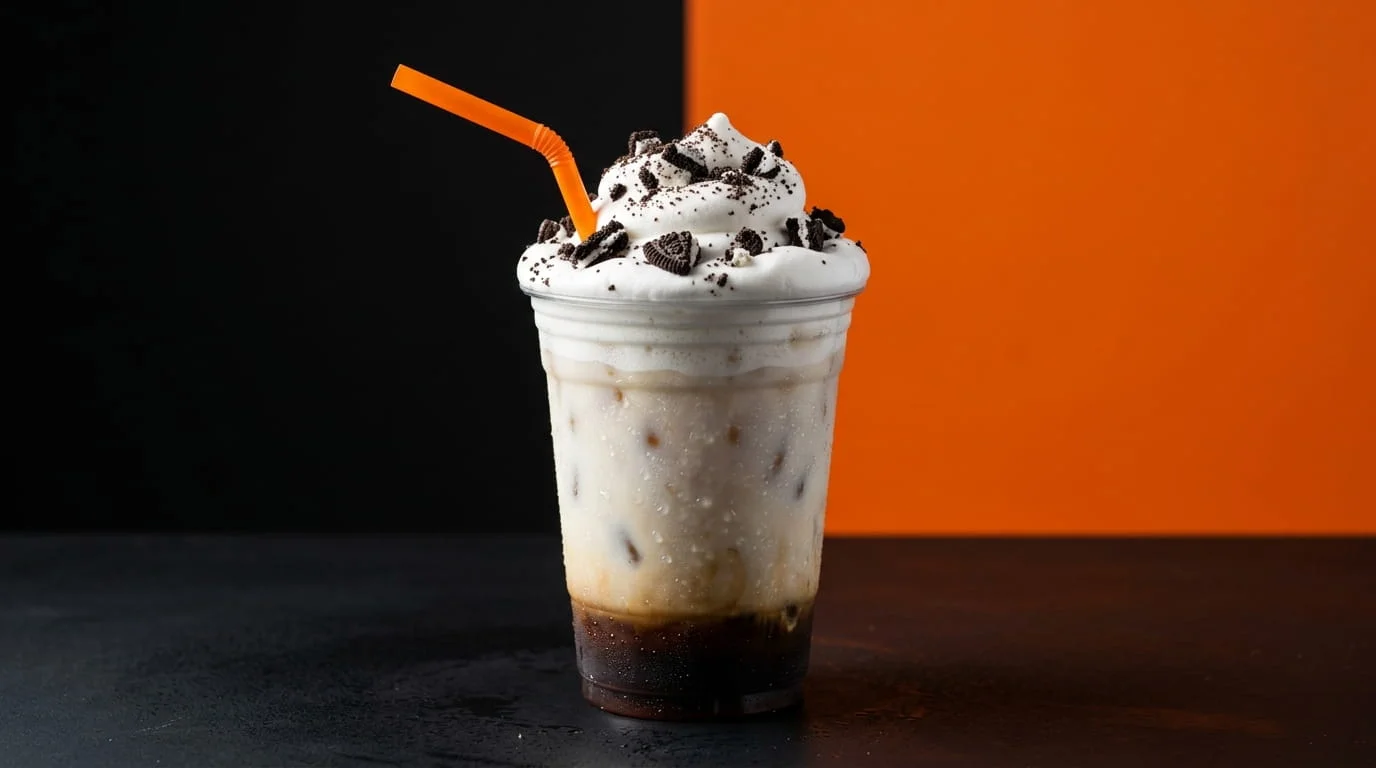 Dunkin OREO Cloud Latte in a clear cup with thick white marshmallow cold foam and crushed OREO cookie crumbles on top, on an orange and black background