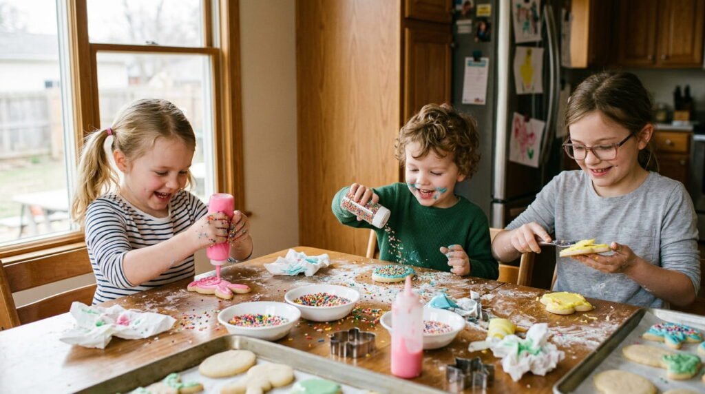 kids decorating Easter cookies with icing and sprinkles