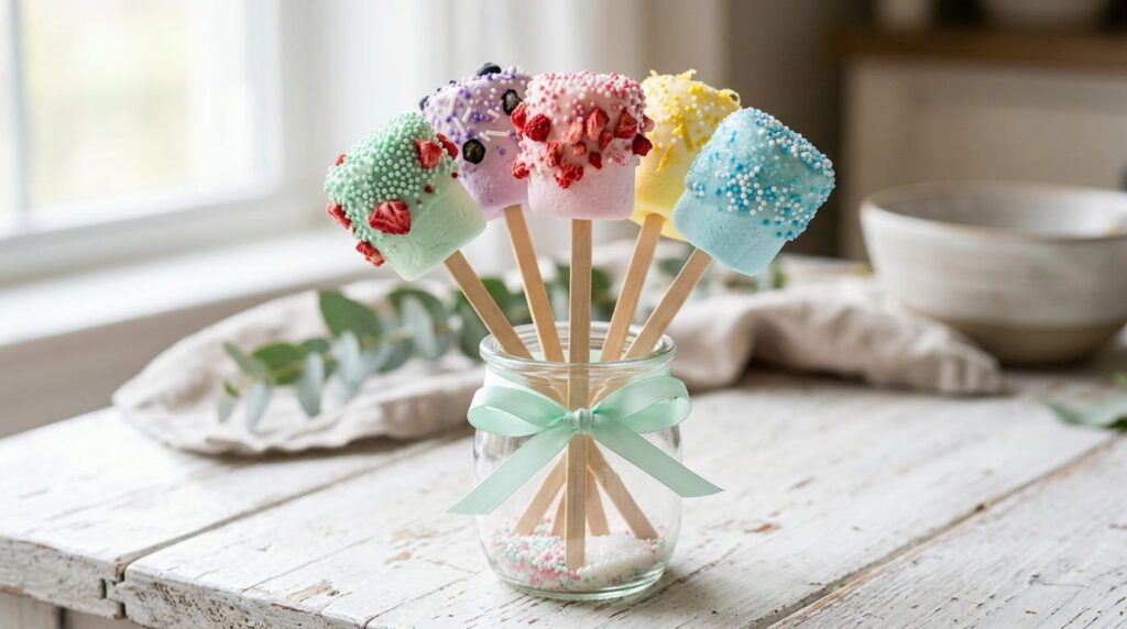 Pastel marshmallow pops on lollipop sticks coated in colored white chocolate and sprinkles, displayed in a small glass jar with ribbon for an Easter basket