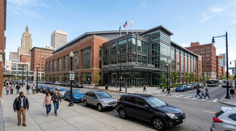 Exterior view of Dunkin Center, now Amica Mutual Pavilion, in downtown Providence Rhode Island