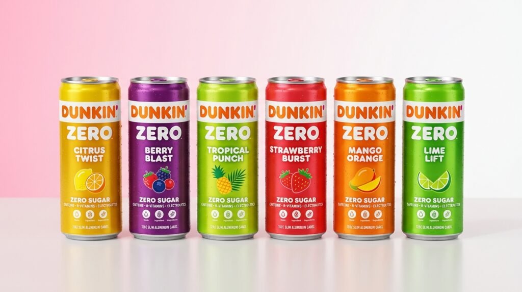 Dunkin' Zero zero-sugar energy drink cans in six flavors from the spring 2026 menu