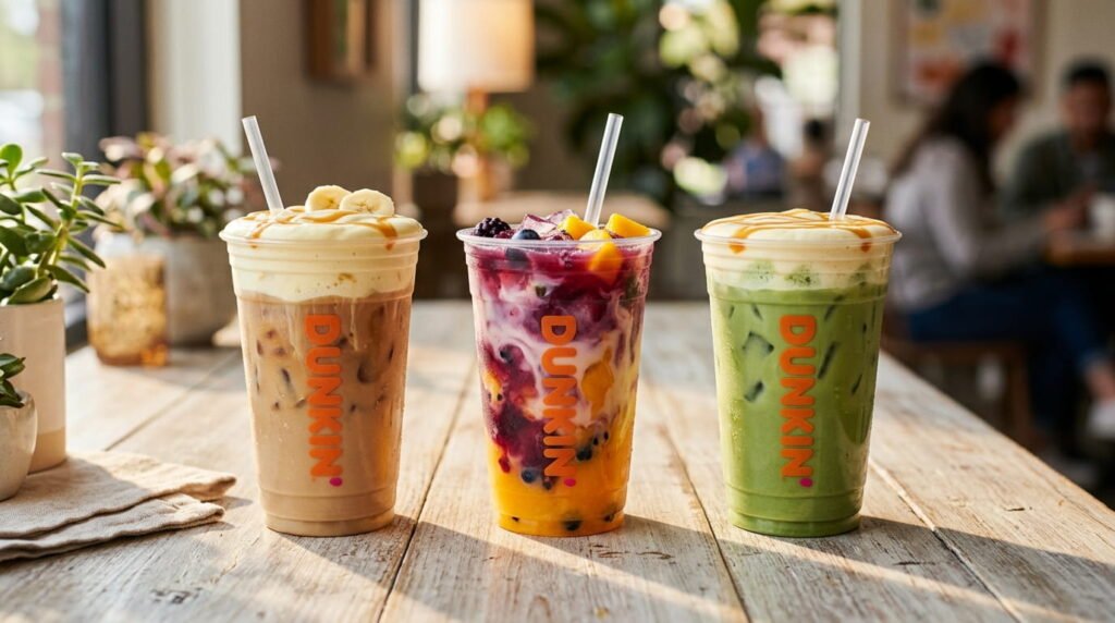 Dunkin banana drinks spring 2026 including Banana Puddin Cloud Latte, Banana Daydream Refresher, and Bananarama Matcha side by side
