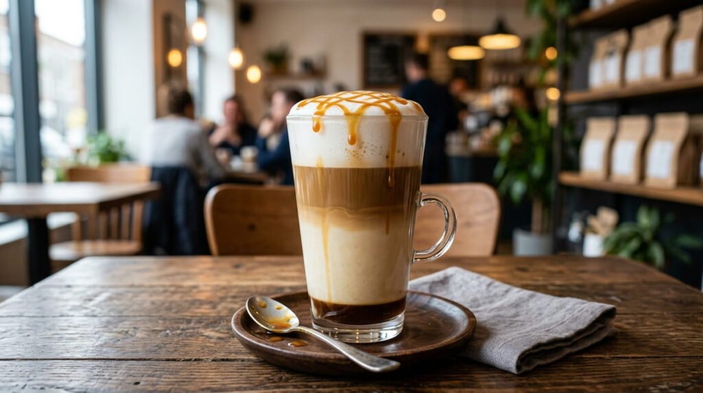Caramel macchiato with milk foam and caramel drizzle in glass cup
