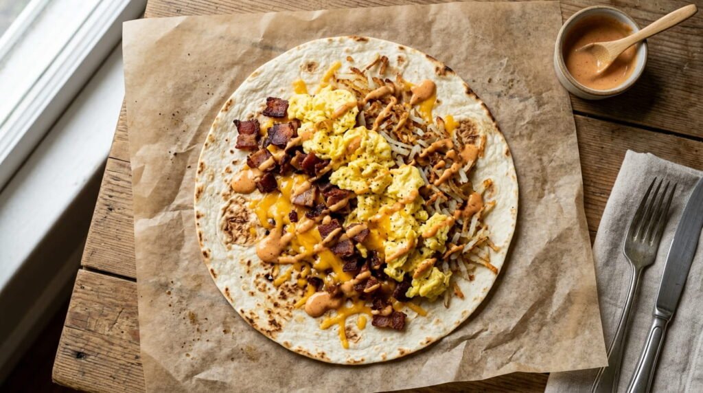 Ingredients inside Dunkin Chipotle Hash Brown Wake-Up Wrap showing hash browns, egg, cheese, and bacon