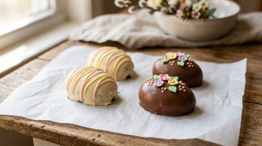 Homemade chocolate-dipped marshmallow Easter eggs on parchment paper with pastel drizzle and sugar flower decorations