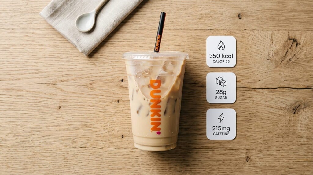 Dunkalatte calories and nutrition facts visual with iced coffee drink