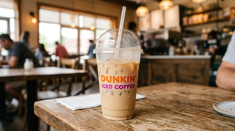 Dunkalatte iced coffee in a clear cup with creamy coffee milk and espresso