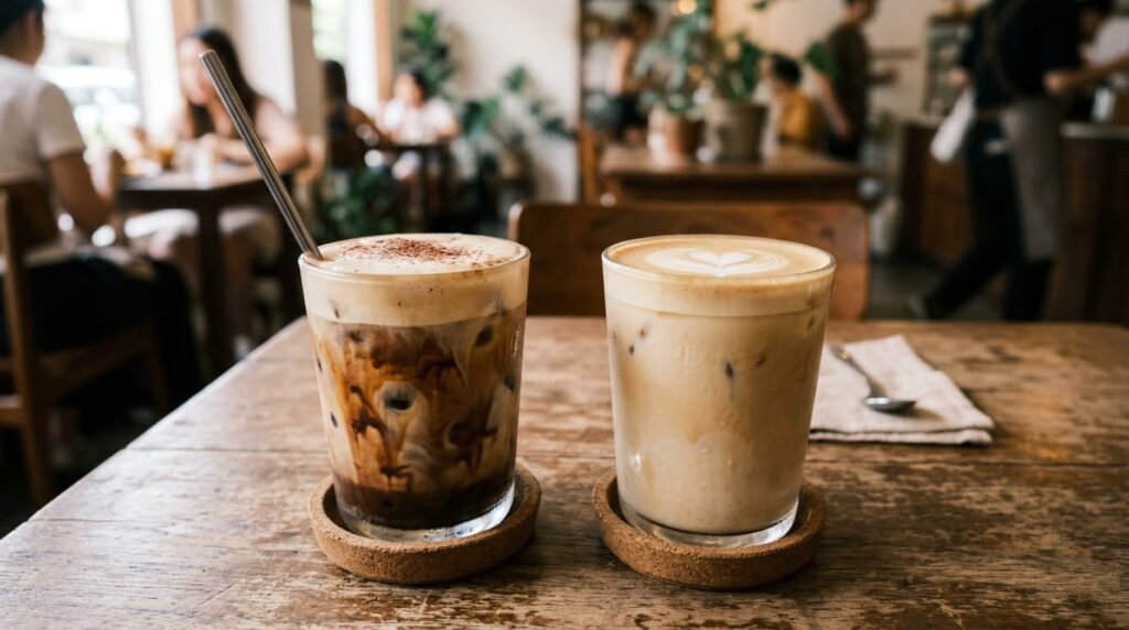 Dunkalatte vs latte comparison showing difference in color and texture