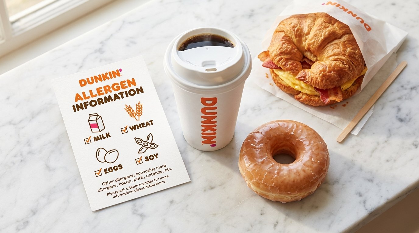 Dunkin allergen menu guide showing coffee, donut, and breakfast sandwich with allergen checklist