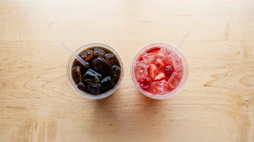 Plain black iced coffee and fruit refresher as the safest allergen-free drink options at Dunkin