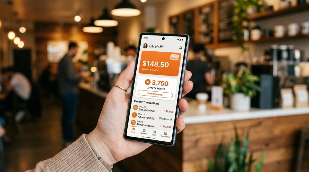 Dunkin app showing gift card balance and Dunkin Rewards points on smartphone screen