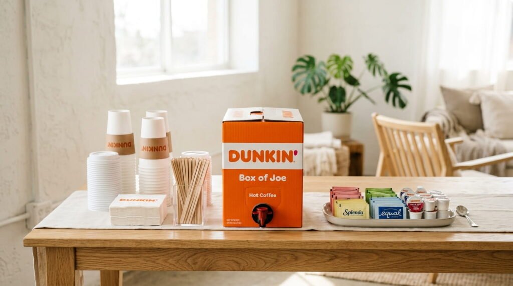 Dunkin Box of Joe coffee station setup with cups and condiments