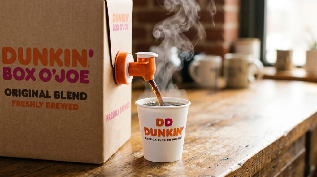 Pouring coffee from Dunkin Box of Joe into paper cup with steam