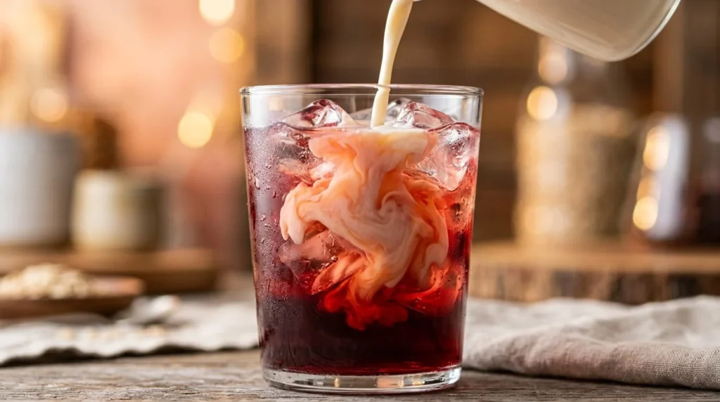 Close-up of creamy oat milk being poured into a dark cherry refresher drink in a clear cup, creating a soft swirl and peachy-cream gradient blending into the red base