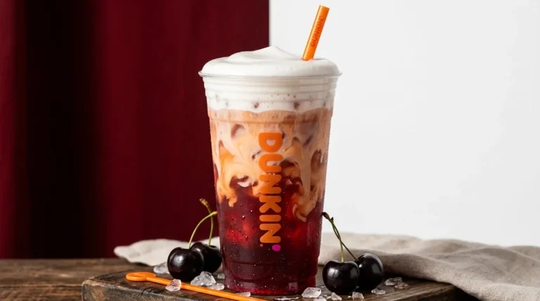Dunkin Cherry Daydream Refresher in a clear cup with deep cherry-red drink, oat milk swirl, and white sweet cream cold foam on top, on a dark cherry-red and white background