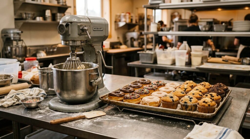 Shared kitchen equipment at a donut shop illustrating cross-contact allergen risk for Dunkin menu items
