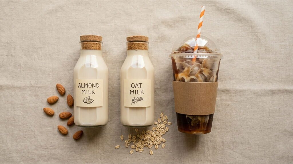 Almond milk and oat milk as dairy-free alternatives available for Dunkin drinks on the allergen menu