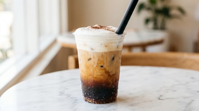 Dunkin Dirty Soda drink in a clear cup with Pepsi, coffee milk, and sweet cold foam on a white marble surface