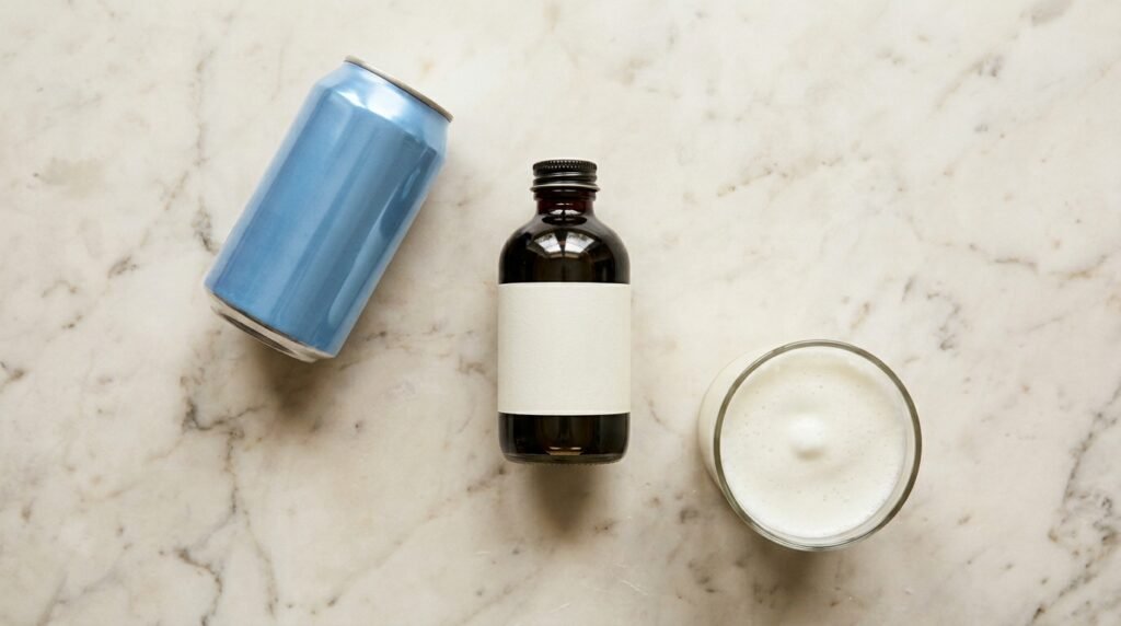 Dunkin Dirty Soda ingredients laid out flat — a Pepsi can, bottle of coffee syrup, whole milk, and cold foam in a small bowl