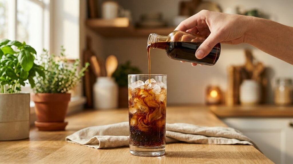 Homemade Dunkin Dirty Soda being made at home with a glass of Pepsi over ice and coffee syrup being poured in