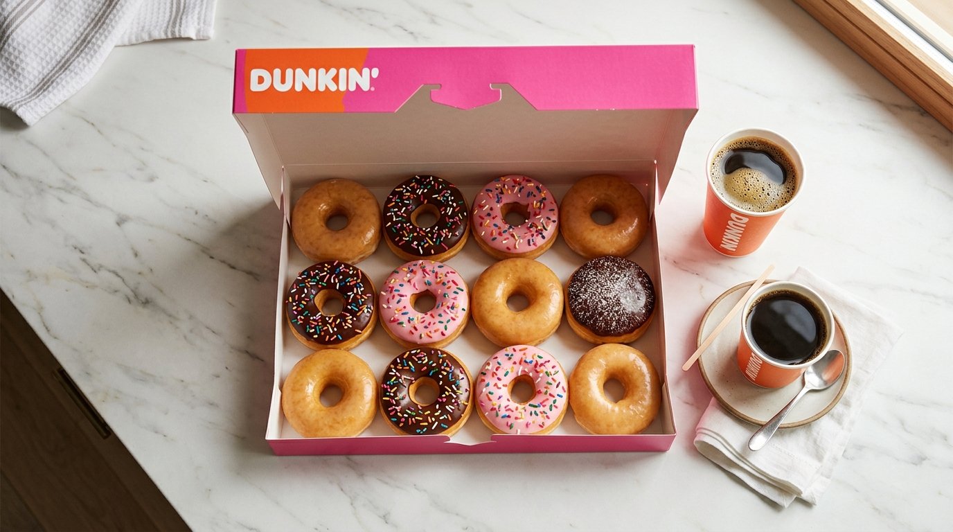 -pen Dunkin Donuts dozen box with assorted donuts including glazed, chocolate frosted and Boston Kreme on a marble surface with a coffee cup
