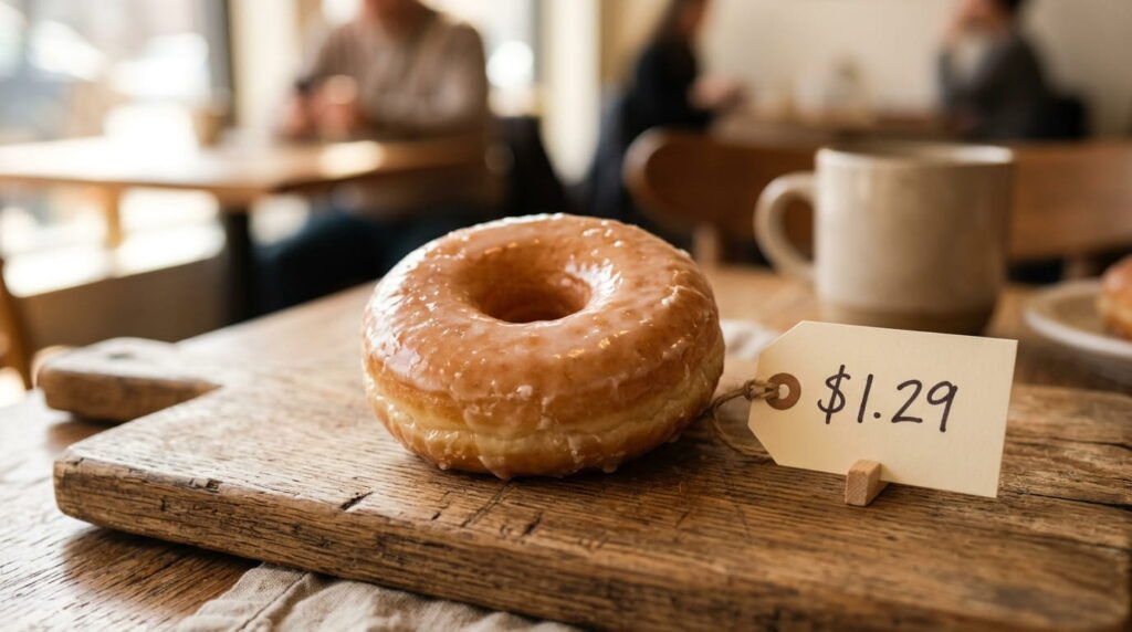 Single Dunkin glazed donut with price tag on wooden board