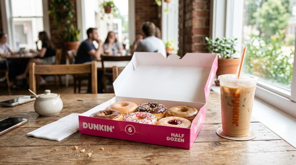 Dunkin Donuts half dozen box next to an iced coffee on a cafe table