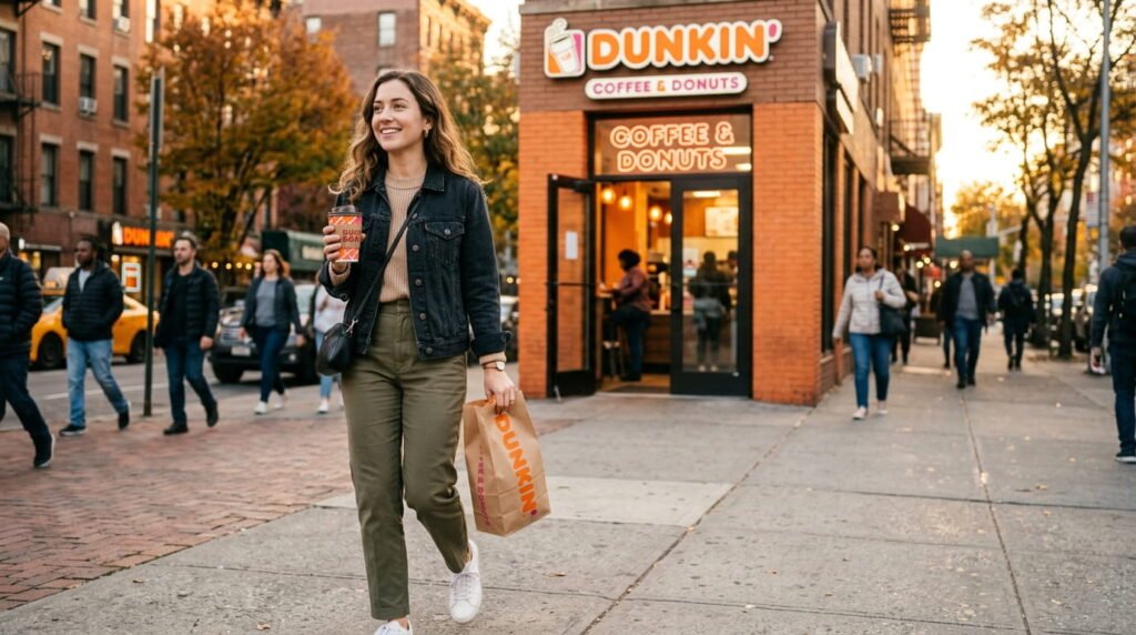 Person holding Dunkin Donuts bag and coffee outside a Dunkin store