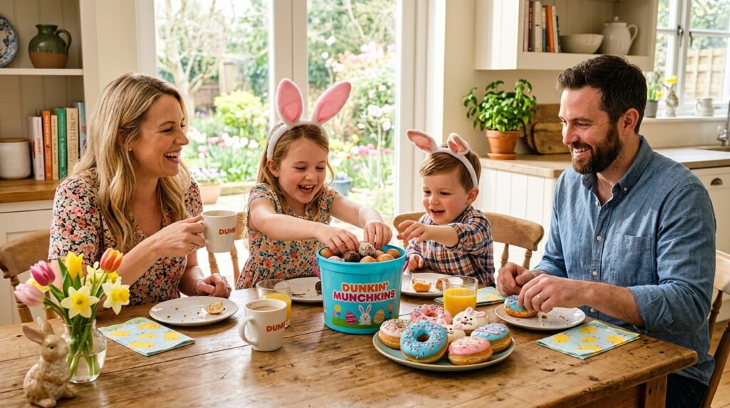 Family enjoying Dunkin Easter donuts 2026 at a kitchen table with the Spring Munchkins Bucket and Cotton Candy Donuts