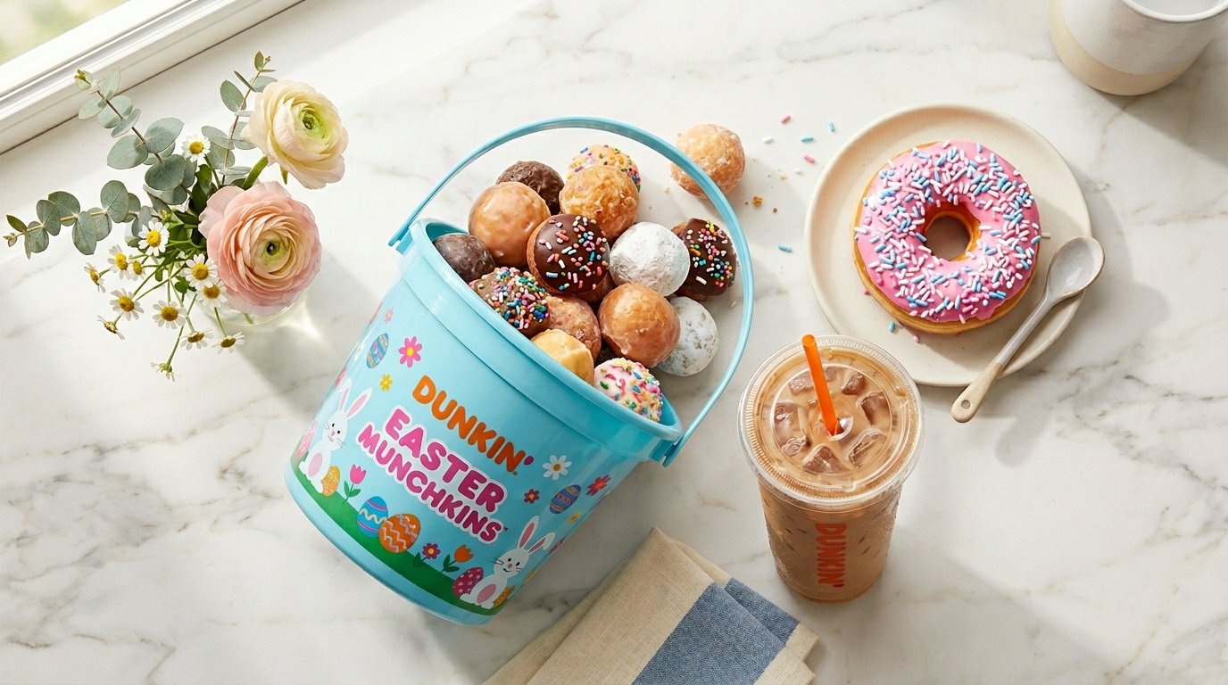 Dunkin Easter donuts 2026 lineup showing Spring Munchkins Bucket, Cotton Candy Donut and iced coffee on a marble surface