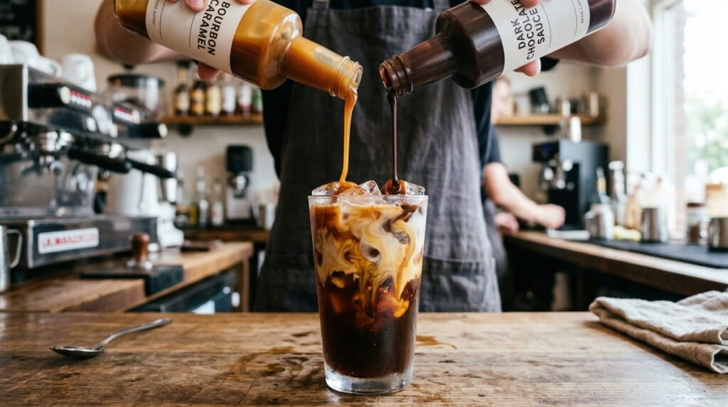 Dunkin flavor swirls mixing caramel and chocolate in iced coffee