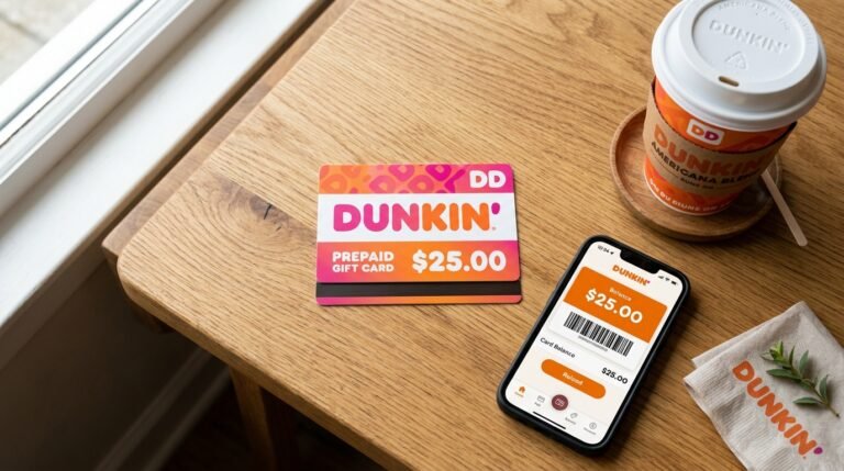 Dunkin gift card balance check showing prepaid card next to Dunkin coffee cup