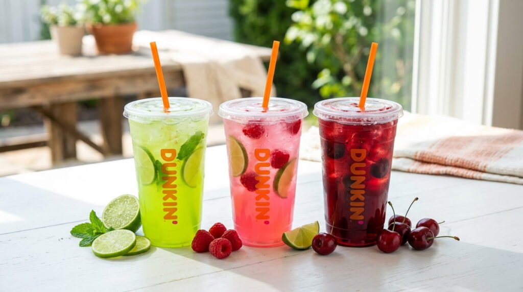 Dunkin limeade and cherry refresher drinks April 2026 including Raspberry Limeade and Cherry Lime Rickey Refresher