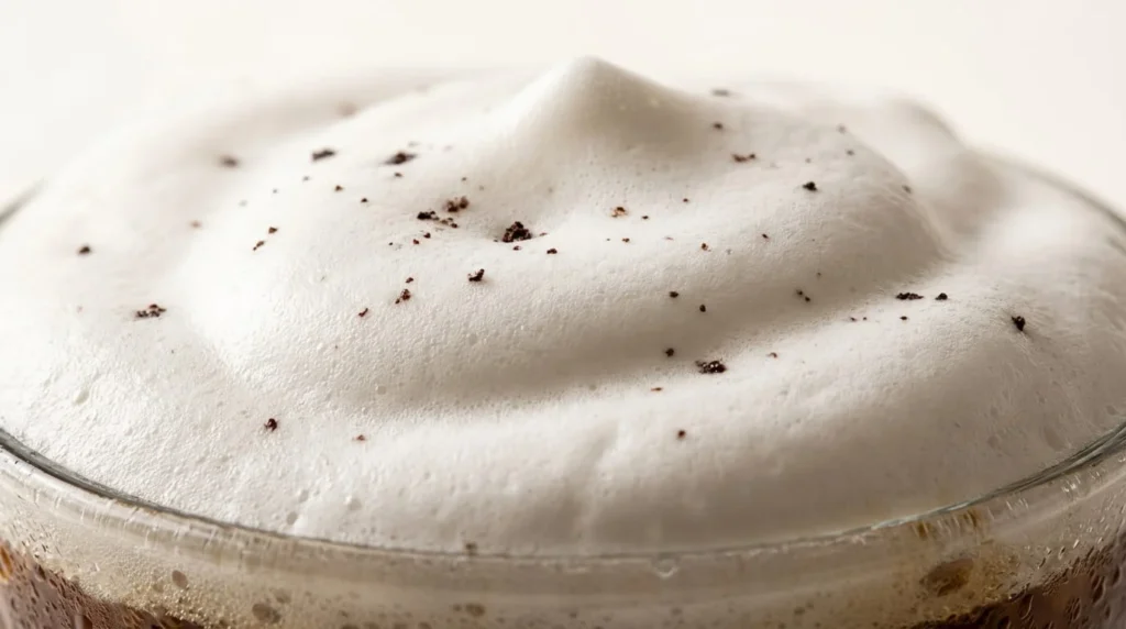 Extreme close-up of thick Dunkin marshmallow cold foam on an iced latte, showing the billowy cloud-like texture with a glossy white surface
