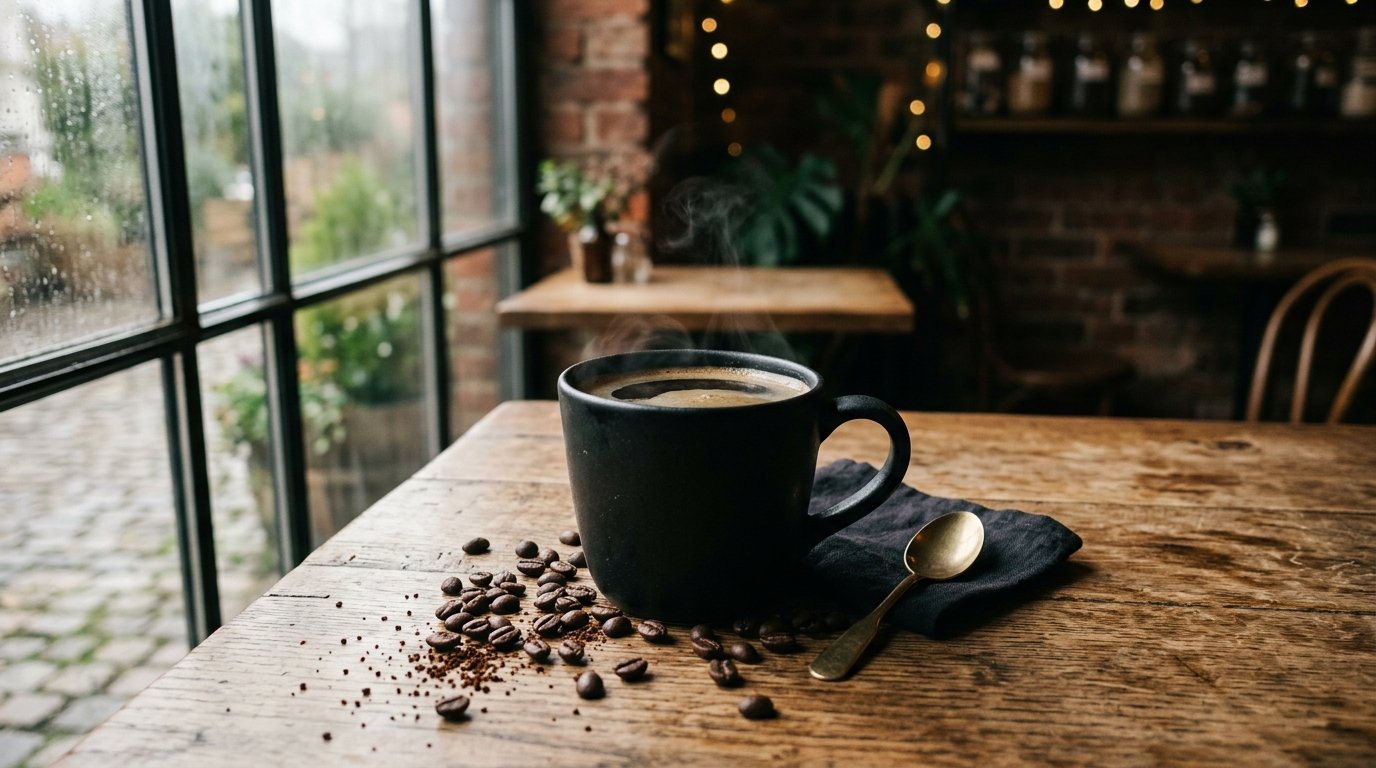 Dunkin Midnight Coffee dark roast in a mug with steam and coffee beans