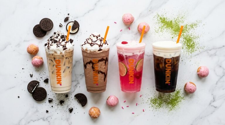 Dunkin new flavors April 2026 including OREO Cloud Latte, Dirty Soda, limeade refresher, and Fruit Punch Munchkins on a white surface