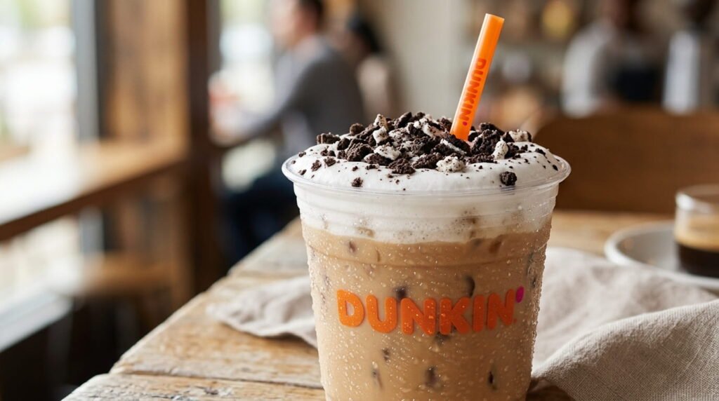 Dunkin OREO Cloud Latte April 2026 with marshmallow cold foam and Oreo cookie crumbles on top