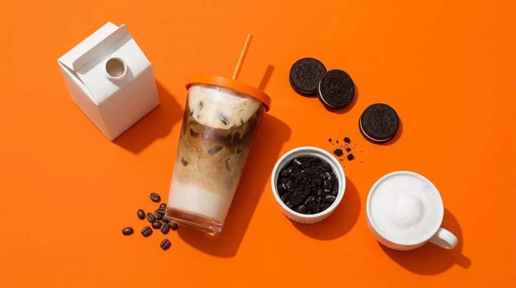 Flat lay of Dunkin OREO Cloud Latte customization options showing an iced latte cup, OREO cookie pieces, oat milk carton, and extra cold foam, on an orange background