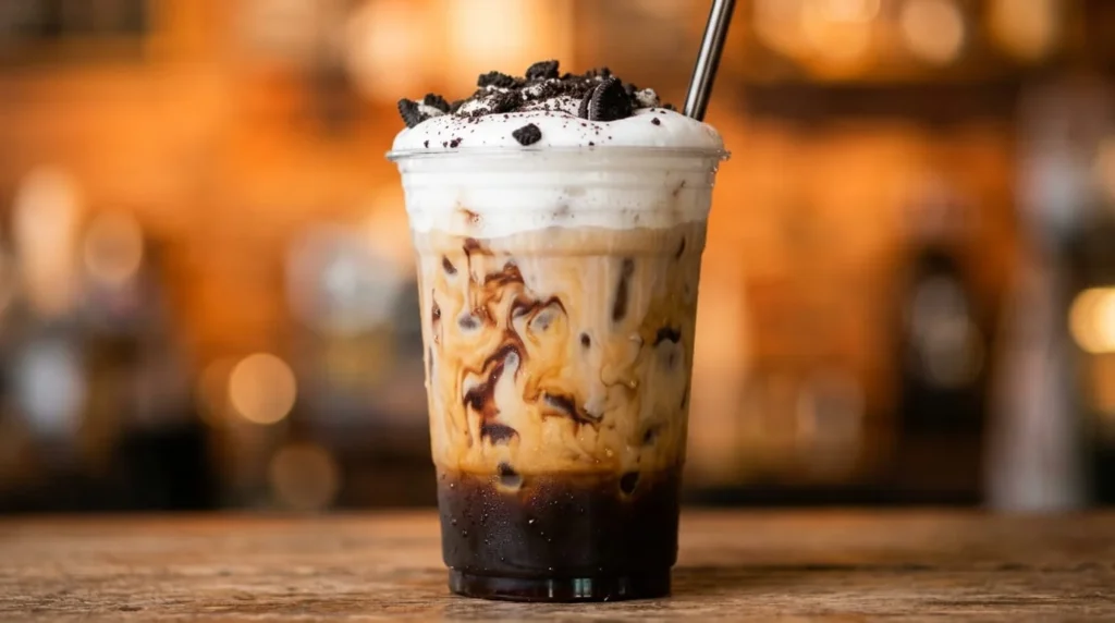 Close-up cross-section of the Dunkin OREO Cloud Latte showing espresso, milk, chocolate cookie swirl, marshmallow cold foam, and OREO crumble layers in a clear cup