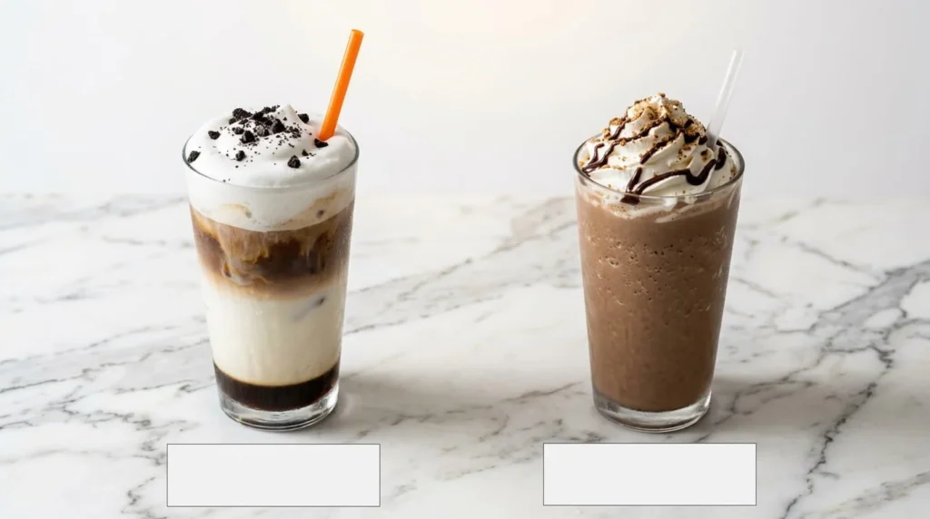 Side-by-side comparison of Dunkin OREO Cloud Latte on the left and OREO Coffee Chiller on the right, showing the iced latte versus frozen blended drink difference