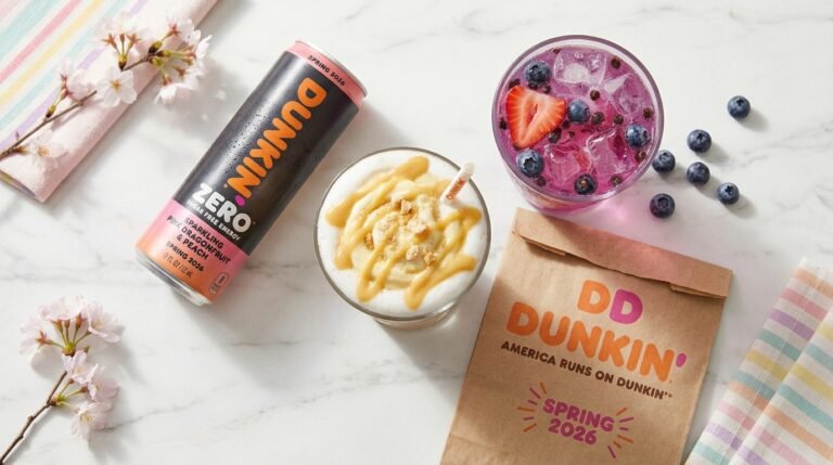 Dunkin' spring menu 2026 drinks including Dunkin' Zero energy drink, Banana Puddin' Cloud Latte, and Berry Acai Refresher