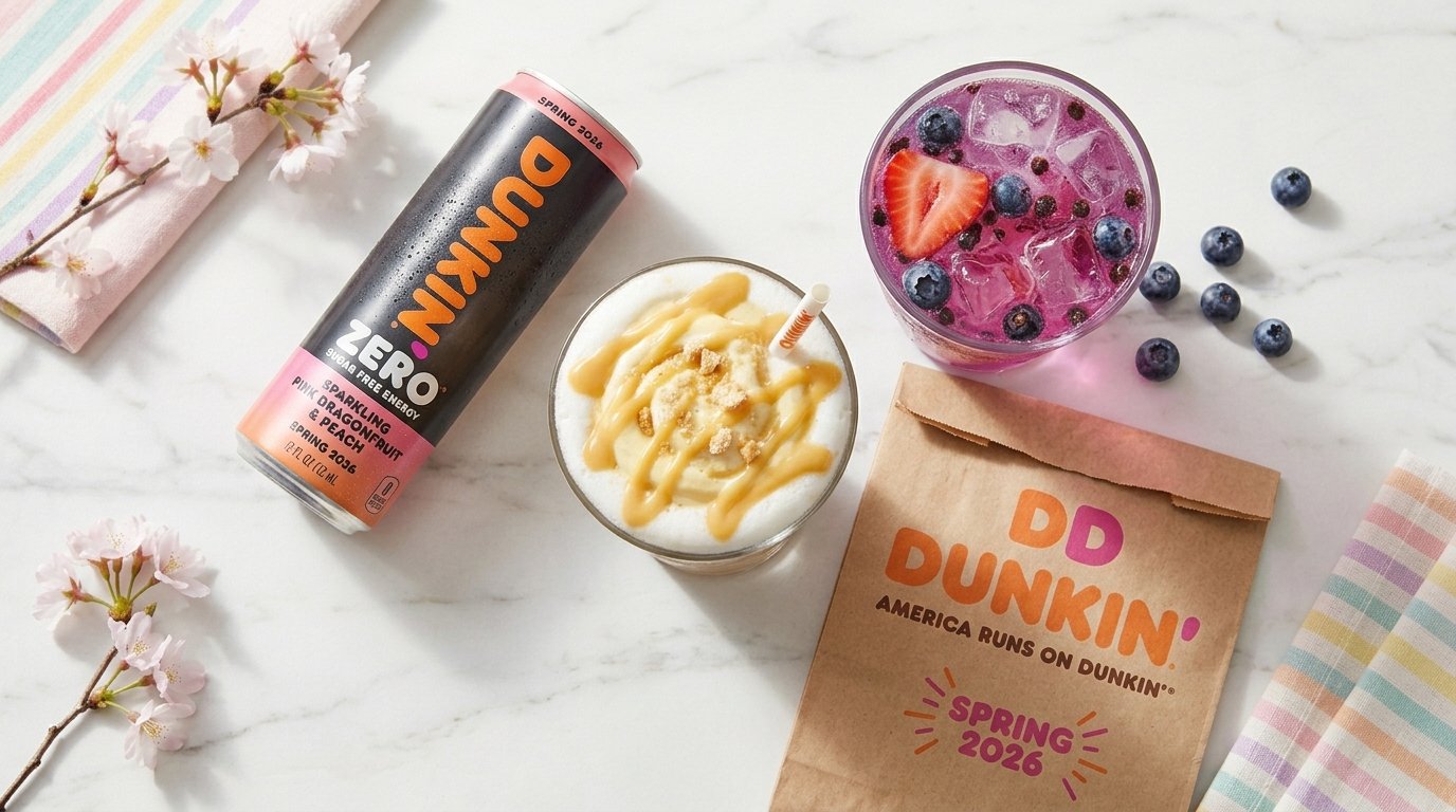 Dunkin' spring menu 2026 drinks including Dunkin' Zero energy drink, Banana Puddin' Cloud Latte, and Berry Acai Refresher
