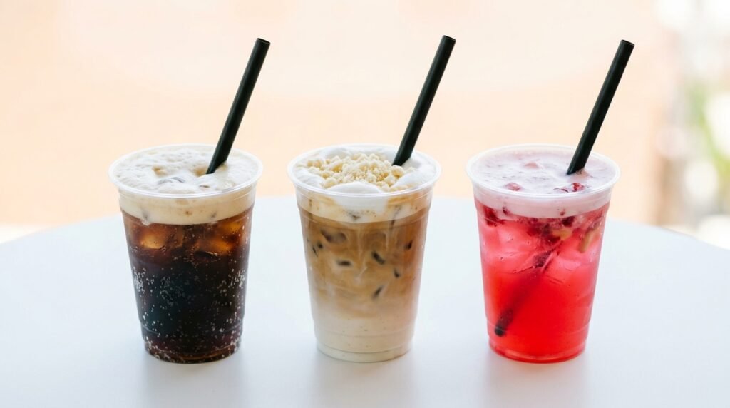 Three Dunkin spring 2026 drinks lined up on a counter including the Dirty Soda, an OREO Cloud Latte, and a Cherry Refresher
