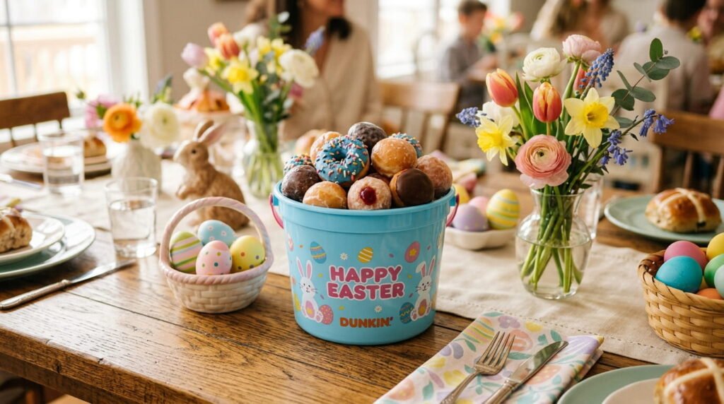 Dunkin Spring Munchkins Easter Bucket filled with blueberry sprinkle and classic Munchkins surrounded by Easter decorations
