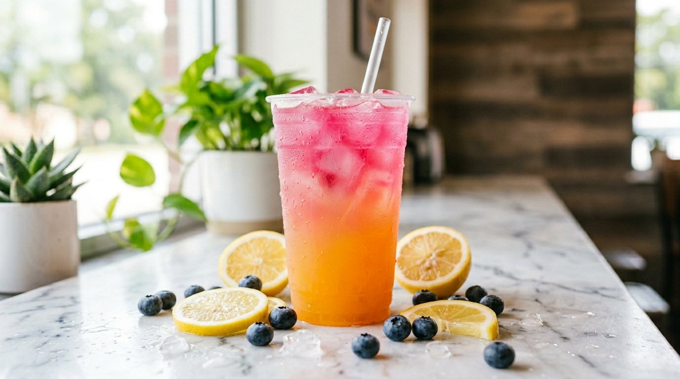 Dunkin summer Refresher drink 2026 with blueberry and lemon on marble