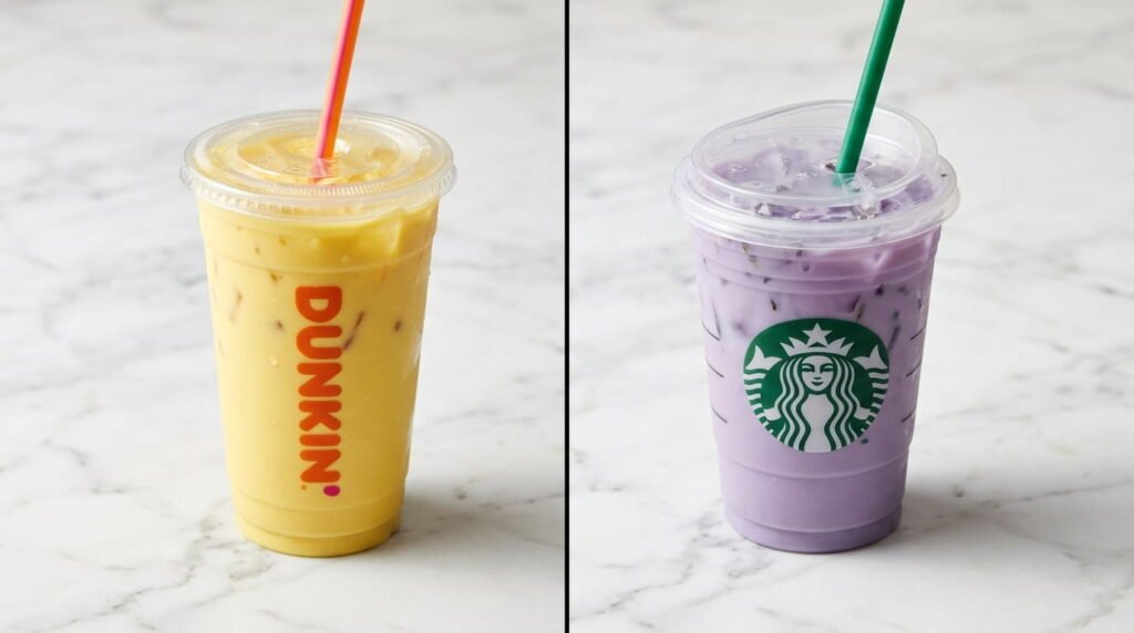 Dunkin' spring 2026 drink next to a Starbucks spring drink showing the two brands' competing seasonal strategies