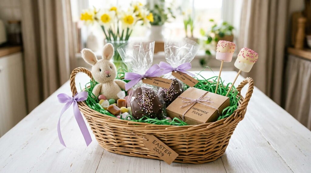 A filled Easter basket containing homemade marshmallow treats including cellophane-wrapped chocolate eggs and pastel marshmallow pops with green paper grass and a stuffed bunny