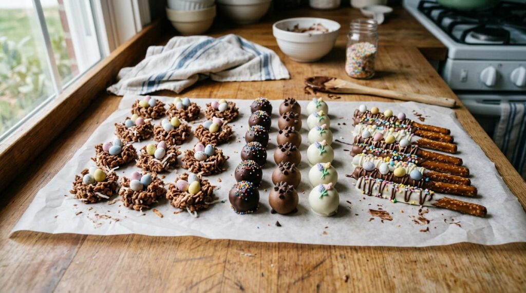 no bake Easter treats bird nest cookies peanut butter balls pretzel rods
