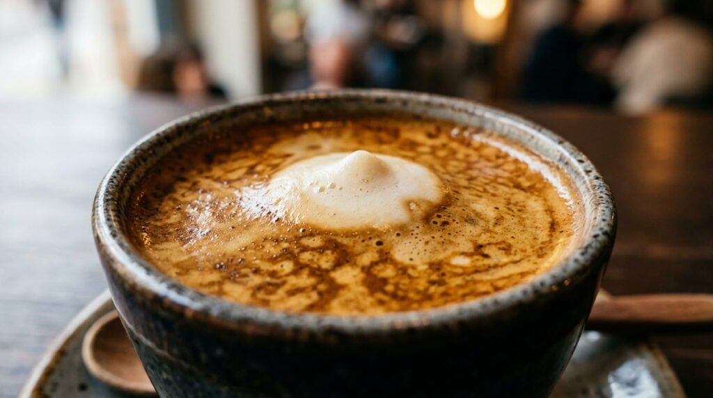 Close-up of espresso macchiato with crema and milk foam detail