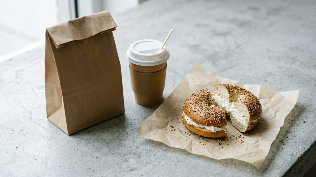 everything bagel with cream cheese in a fast food takeout setting beside a coffee cup